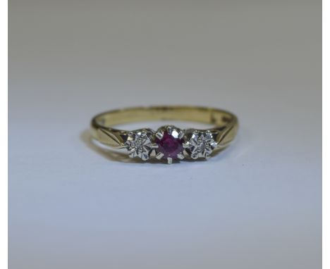 9ct Yellow Gold 3 Stone Ruby and Diamond Ring. Fully Hallmarked. Ring Size P. 