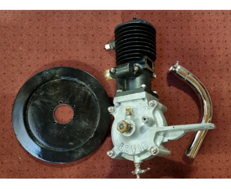 c.1915 Levis Popular 2 1/4HP engine, flywheel and exhaust pipe. Stamped POPULAR with a patent number 2 1/2HP, crankcases 34 a