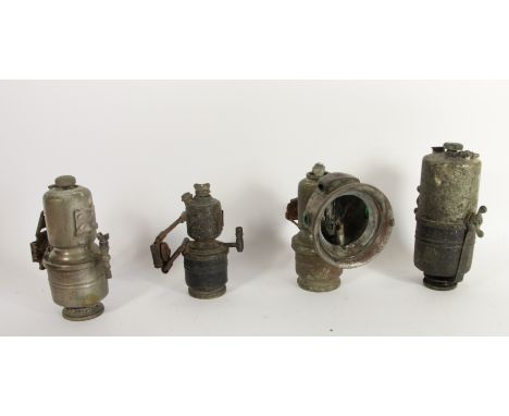 A vintage Lucas Galcia Club acetylene lamp and three carbide holders