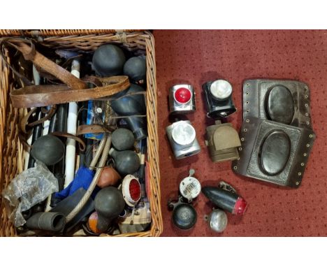 A WD J.L. Ltd Lamps Electric bicycle lamp, with drop down lens cover, other lamps, bells, pumps and other items to a wicker b