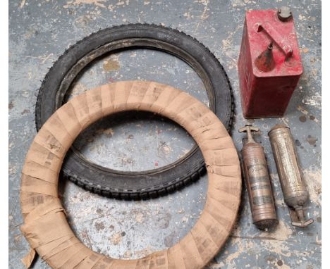 Two Vintage tyres, one 26 x 2 1/2, two fire extinguishers, an oiler and a WD 1955 petrol can 