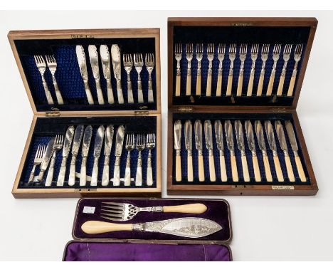 A late Victorian electro plated twelve piece fish knife and fork set, ornate engraved decoration to tines and blades, ivory h
