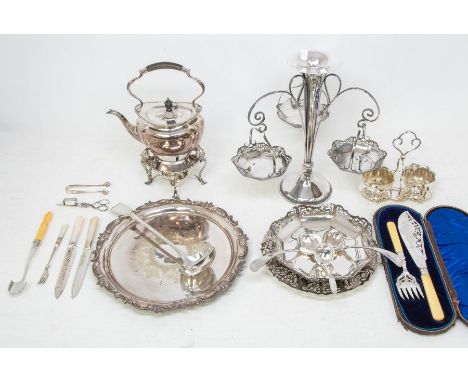 A collection of silver plate and EPNS to include: Edwardian style epergne with central dish and three hanging baskets, on tru