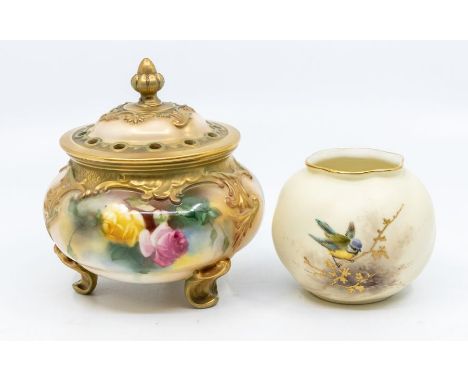 A Royal Worcester blush ivory pot pourri and cover, the body painted with roses, gilt heightened, shape no: 183, pattern no: 