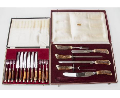 A set of six silver plate and antler horn steak knives and forks, boxed, retailed by Butcher &amp; Swann Nottingham, boxed to