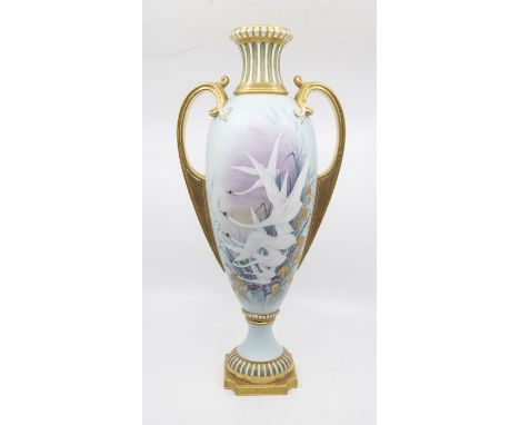 A limited edition Royal Worcester large two handled vase, after the 1900 original by Charles Baldwyn, depicting Swans taking 