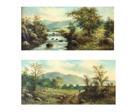 R Marshall (British, 19th Century)Figures on a road with sheep and mountains beyond and River Landscape with sheep oil on can