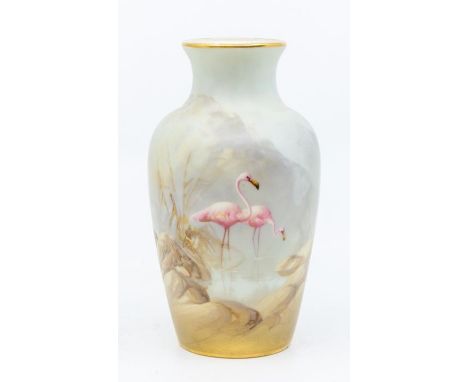 A Royal Worcester baluster vase, shape no: 2226, hand painted with a pair of pink Flamingos within mountainous landscape, gil