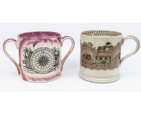 A 19th century Sunderland pink marbled lustre twin-handled loving cup, inscribed 'The Sailors Farewell, Far from home across 