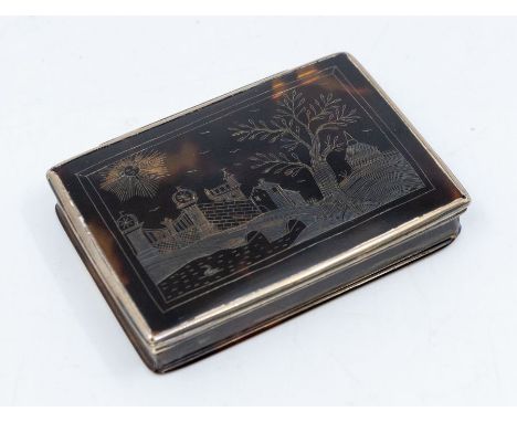 An 18th Century silver mounted tortoiseshell rectangular snuff box, the cover engraved with a landscape detailing a large set