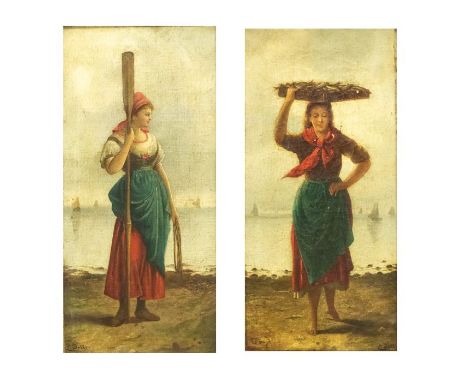 Ernesto Jolli (Italian, 19th Century)Portrait of a Woman with fishing basket and Portrait of a Woman with an oar, oil on canv