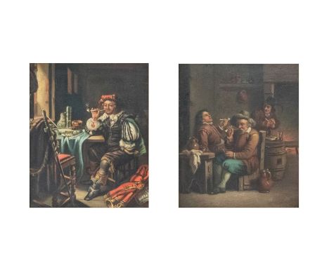 Continental School (19th centurty) The Pipe Smoker, oil on tin, approx 18.5cm x 15.5cm, gilt frame; and another, Tavern Scene