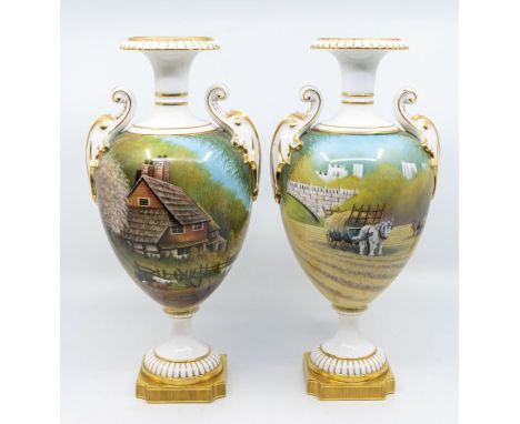 A pair of 20th century limited edition Royal Worcester vases, urn shaped painted with English Countryside scenes: Spring and 