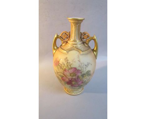 Early 20c Royal Worcester blush ivory two handle vase, floral decoration - shape 1200, date code for 1910.  23cms h. 