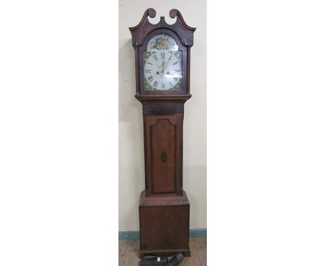 An early 19c Eight day longcase clock, the 30cm arched painted dial signed F. Brodrick, Whittlesey and having paintings of fr