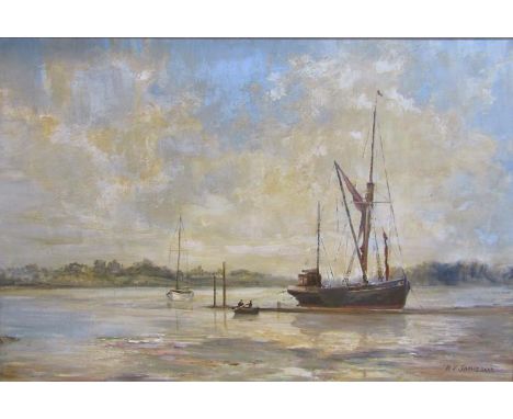 R F Jamieson - the Barge convoy, signed, oil on board.  Framed, 50cms x 75cms. 
