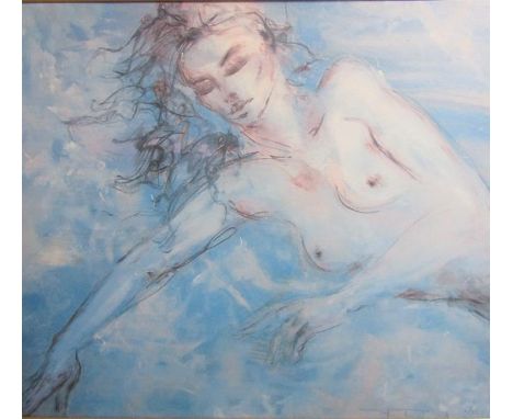 Tom Merrifield - A naked lady in blue, oleograph, framed and glazed, 53cms x 62cms. 