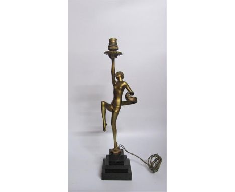 An art deco gilt metal dancing figure table lamp supported on stepped marble base, electrolier.  The figure 35cms h, 43cms h 