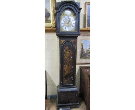 A late 17c month going longcase with 30cms arched brass dial signed John Miller Londini fecit and having cherubs and orb span