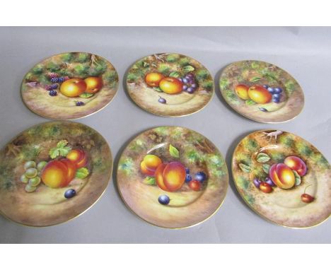 A set of six Royal Worcester hand painted fruit plates pattern W9535.  Three by and signed by P Lynes and three by J Cook.  E