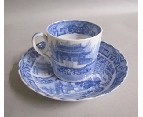 A  Miles Mason coffee cup and saucer, the blue transfer print of Chinamen on a veranda. cup 6.2cms h. 