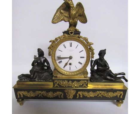 Early 19c English mantel clock the dial signed F Battens (Baetons?) London in a bronze and ormolu drumhead case, the 10cm dia
