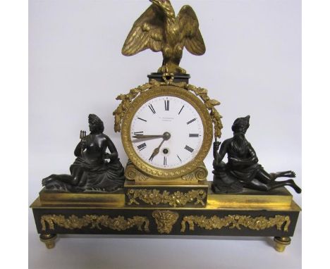 Early 19c English mantel clock the dial signed F Battens (Baetons?) London in a bronze and ormolu drumhead case, the 10cm dia