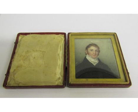 Hudson Pinx - a 19c portrait miniature of a young gentleman on ivory, signed.  Framed and glazed in a folding Moroccan leathe