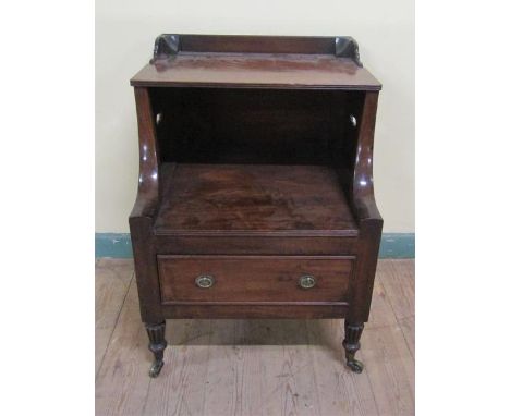 Early 19c mahogany bedroom commode with three quarter gallery, hinged lift off cover over base fitted one long drawer support