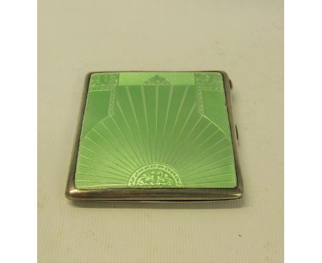 An art deco silver and enamel cigarette box, the green enamel cover with a sunburst design.  London 1936.  8cms sq, 3.6ozt. 