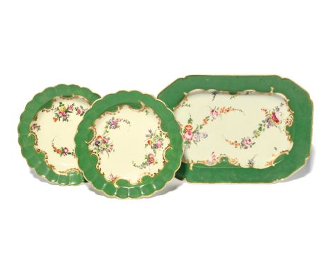 A pair of Worcester plates and a dish  c.1770, all decorated in the Marchioness of Huntley pattern with spiralling flower spr