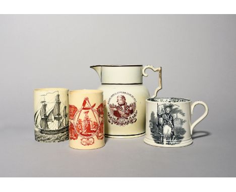 A commemorative pearlware jug and three mugs  c.1800-30, the jug printed with a portrait of Admiral Lord Nelson, one squat mu