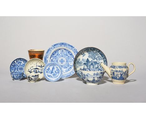 Two pearlware miniature teabowls and saucers  19th century, a miniature Spode blue and white transferware plate with an Easte