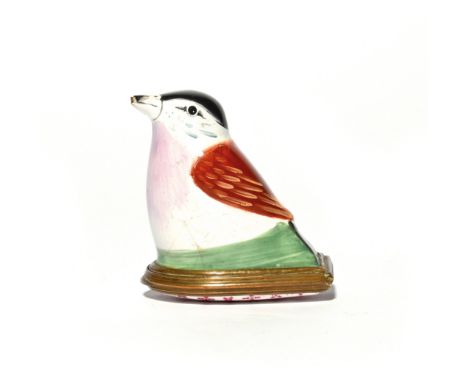 A Bilston enamel bird bonbonnière c.1760-80, modelled as a finch with russet wings and a lilac breast beneath a black cap, th