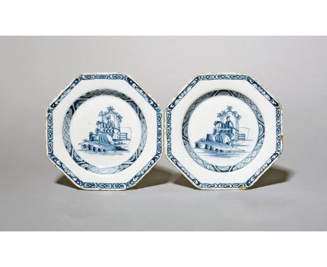 A pair of small octagonal delftware plates  c.1770, Liverpool or Dublin, painted in blue with La Pêche, a lady fishing, regar