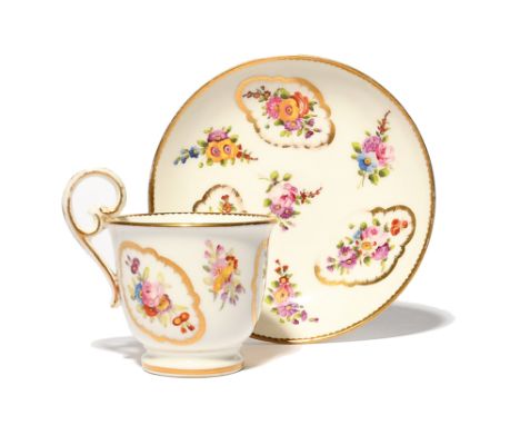 A Nantgarw cabinet cup and saucer  c.1818-20, each piece painted, probably in London, with diagonally placed sprays of garden