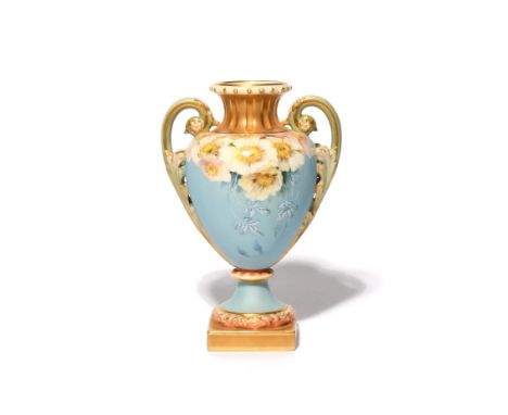 A small Royal Worcester two-handled vase  date code for 1900, of shape 2036, painted with an arrangement of white and pink bl