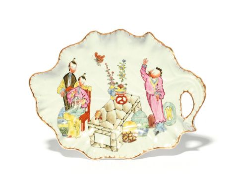 A Worcester leaf dish c.1760-65, moulded as a large cos leaf, brightly enamelled with The Magician pattern, two Chinese figur