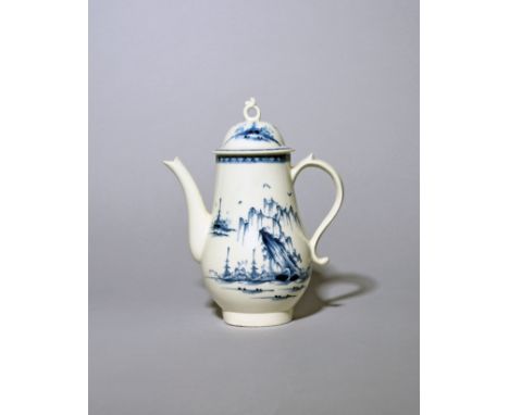A Caughley blue and white coffee pot and cover c.1775, painted with the Rock and Willow pattern, the cover and neck with a tr