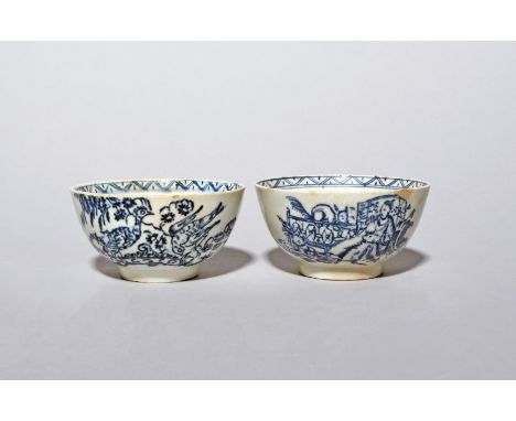 Two Lowestoft blue and white teabowls  c.1772-75, one printed with two exotic birds standing on a foliate scroll, the other w