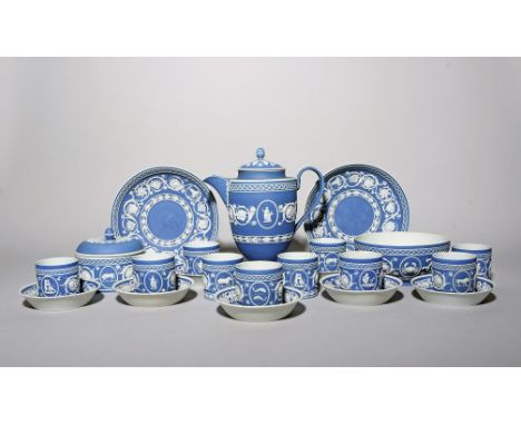 A Wedgwood Jasperware part coffee service  19th century, crisply applied in white on a blue ground with differing signs of th