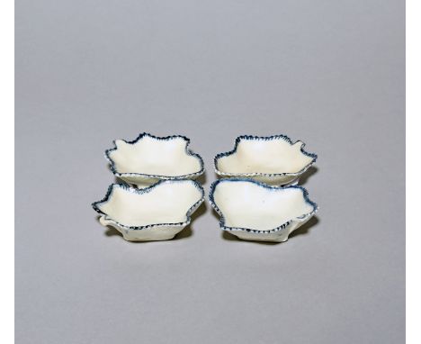Four Caughley blue and white pickle dishes  c.1770-80, of leaf shape, the serrated edges simply decorated with a blue line, 8