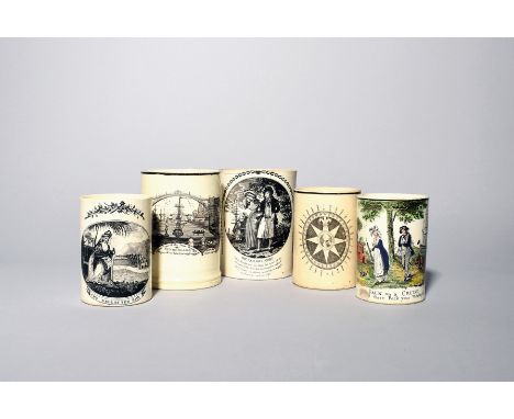 Five creamware mugs of maritime interest  late 18th/early 19th century, three decorated with sailors and their lasses, variou