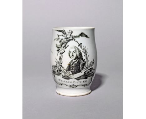 A rare Longton Hall commemorative mug  c.1760, printed in black probably by Sadler of Liverpool, with a portrait of William P