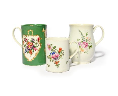 Three Worcester mugs  c.1770-80, one bell-shaped and painted with flower sprays, another smaller and cylindrical with similar