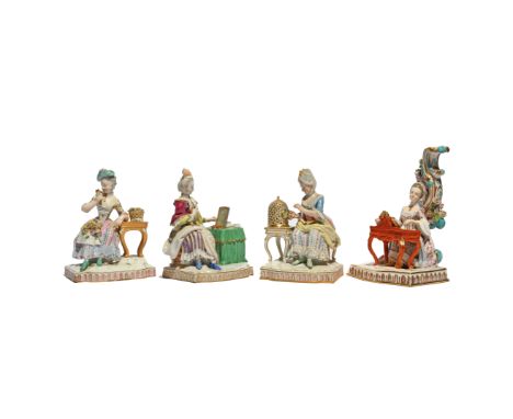 Three Meissen figures from the Five Senses series  19th century, of Sight, Smell and Touch, each modelled as a lady seated by