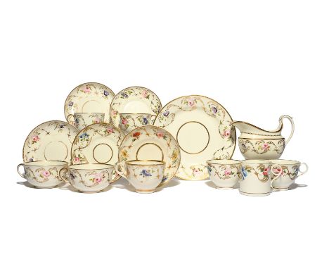 A Swansea part tea service  c.1815-20, painted with single sprays of rose, convulvulus and other flowers linked by gilt folia