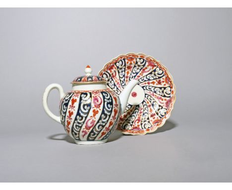 A Worcester teapot and cover  c.1780-90, decorated with the Queen Charlotte pattern of spiralling stripes in blue, red, puce 
