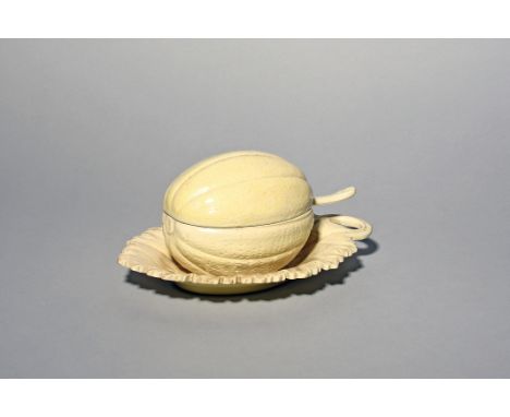 A creamware melon tureen with cover and ladle  late 18th/early 19th century, the base moulded as a melon resting on a large l