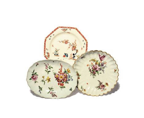 Three Bow dishes  c.1756-65, one octagonal and painted in Kakiemon enamels with the Two Quail pattern, another of circular sc